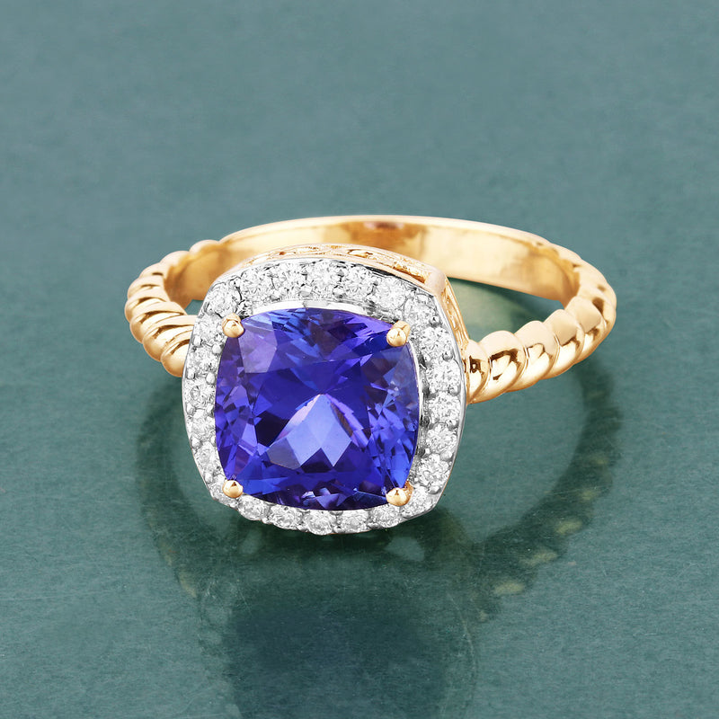 3.20 Carat Genuine Tanzanite and White Diamond 14K Yellow Gold Ring