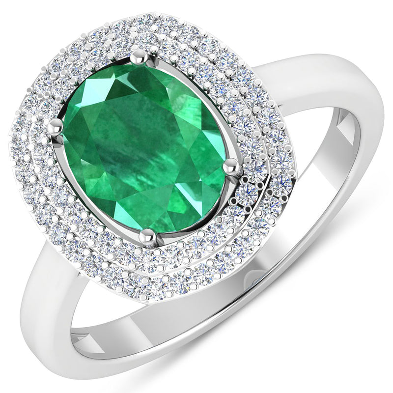 1.97 Carat Genuine Zambian Emerald  and White Diamond 14K White Gold Ring