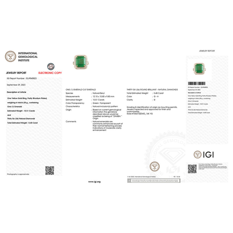 IGI Certified 10.99 Carat Genuine Zambian Emerald and White Diamond 14K Yellow Gold Ring