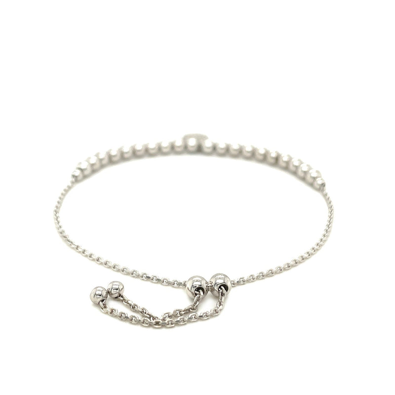 Adjustable Bead Bracelet with Round Charm and Cubic Zirconias in Sterling Silver