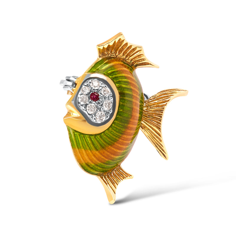 18K Yellow Gold Diamond and Ruby Clownfish Enamel Brooch and Pin (H-I Color, VS2-SI1 Clarity)