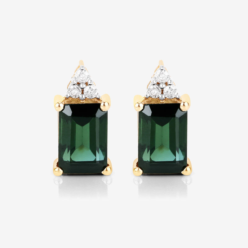 1.25 Carat Genuine Green Tourmaline and White Diamond 14K Yellow Gold Earrings