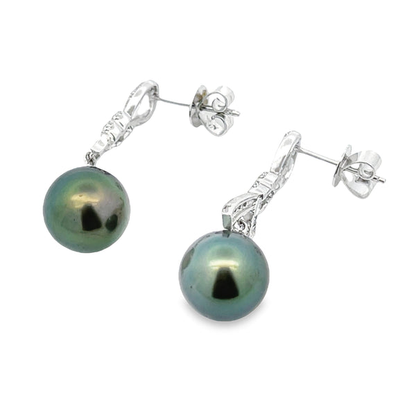 Tahitian Pearl Diamond Dangle Earrings 18KT White Gold