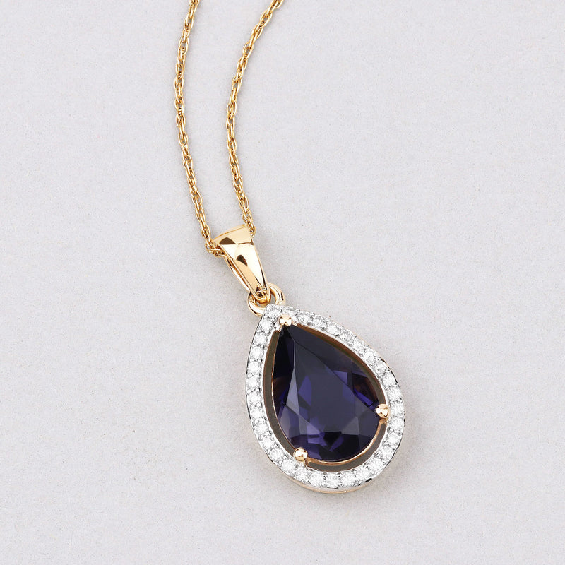 2.28 Carat Genuine Iolite and White Diamond 14K Yellow Gold Pendant