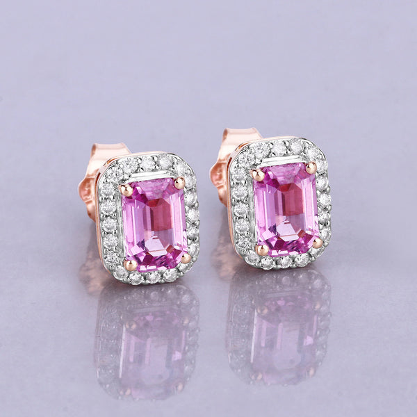 1.46 Carat Genuine Pink Sapphire and White Diamond 14K Rose Gold Earrings