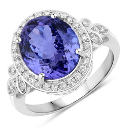 5.21 Carat Genuine Tanzanite and White Diamond 14K White Gold Ring