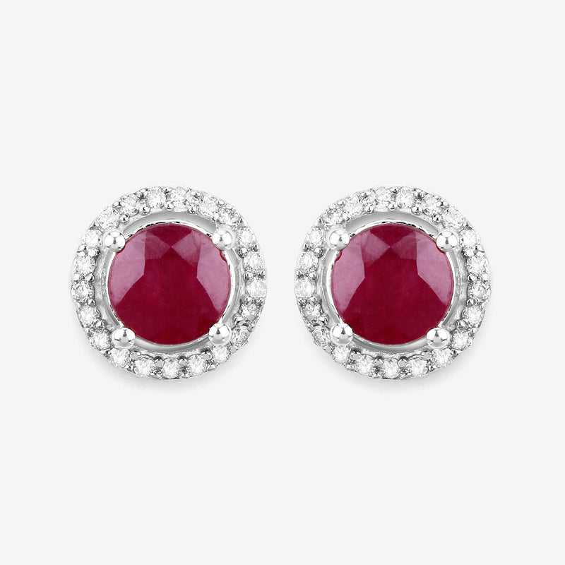 1.50 Carat Genuine Ruby and White Diamond 14K White Gold Earrings