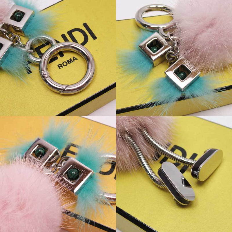 Fendi FENDI Keychain Charm Pink Green Silver Fur Color Stone