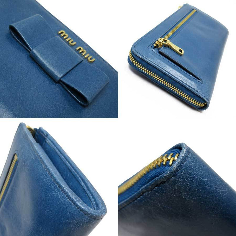 Miu Miu Miu L-shaped zipper wallet Blue gold leather