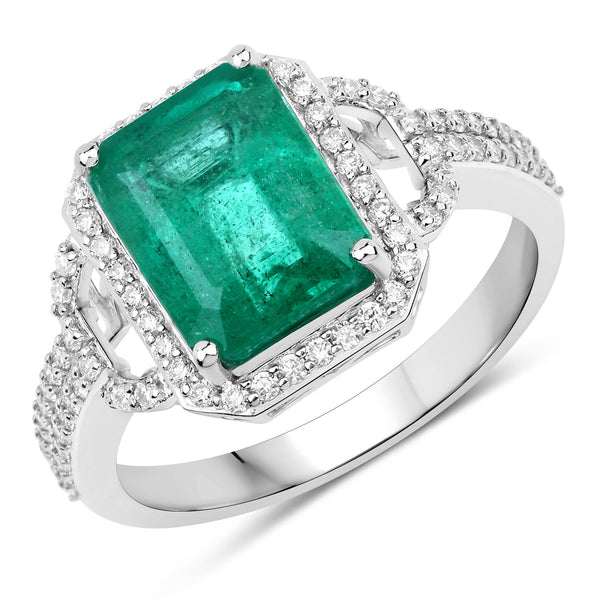 IGI Certified 3.54 Carat Genuine Zambian Emerald and White Diamond 14K White Gold Ring