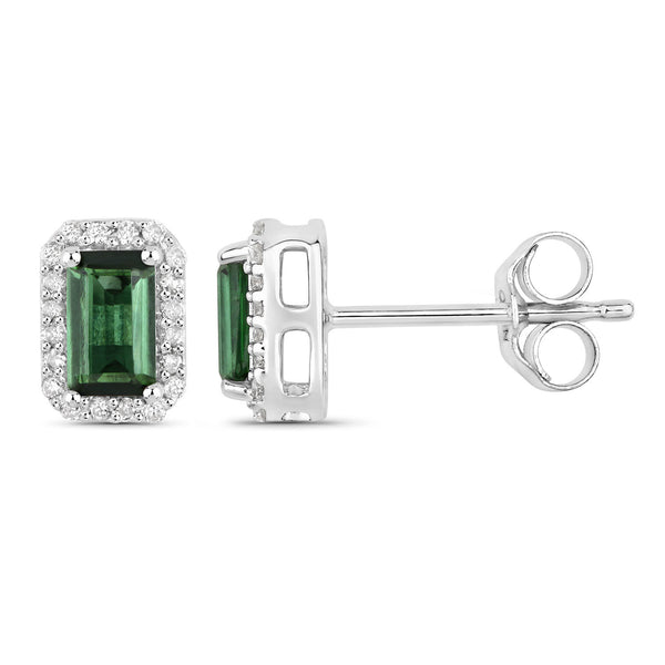 0.76 Carat Genuine Green Tourmaline and White Diamond 14K White Gold Earrings