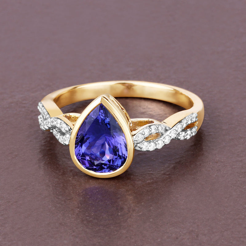 2.01 Carat Genuine Tanzanite and White Diamond 14K Yellow Gold Ring