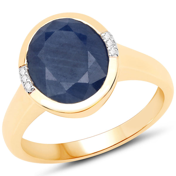 4.85 Carat Genuine Blue Sapphire and White Diamond 14K Yellow Gold Ring