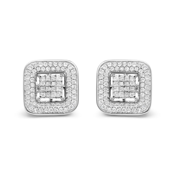 10K White Gold 1.0 Cttw Round and Princess Cut Diamond Composite Open Halo Stud Earrings (H-I Color, SI1-SI2 Clarity)