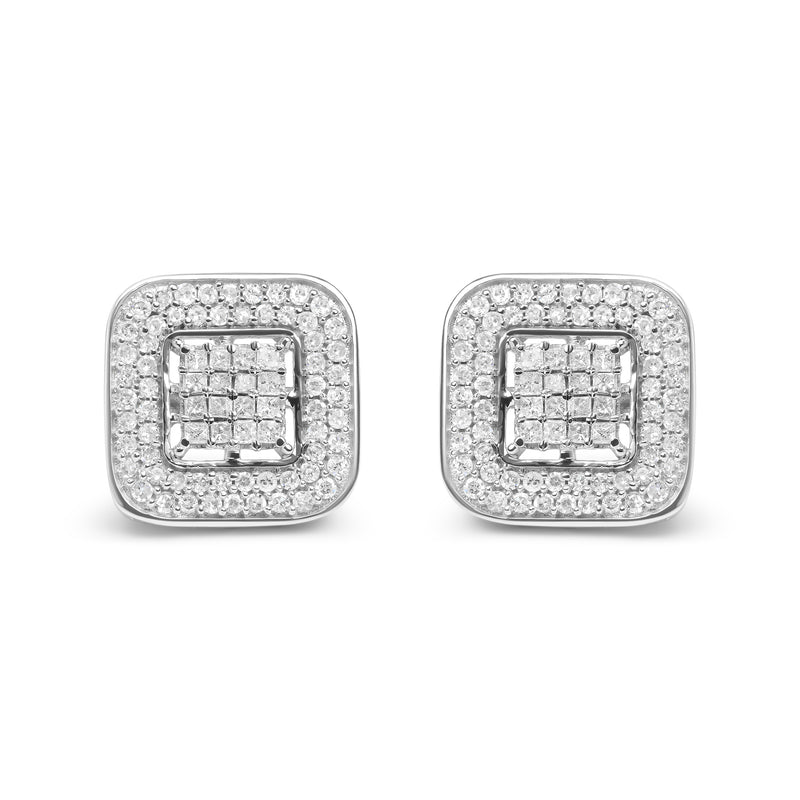 10K White Gold 1.0 Cttw Round and Princess Cut Diamond Composite Open Halo Stud Earrings (H-I Color, SI1-SI2 Clarity)