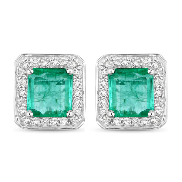 2.15 Carat Genuine Emerald and White Diamond 14K White Gold Earrings