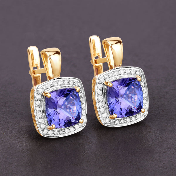 5.95 Carat Genuine Tanzanite and White Diamond 14K Yellow Gold Earrings