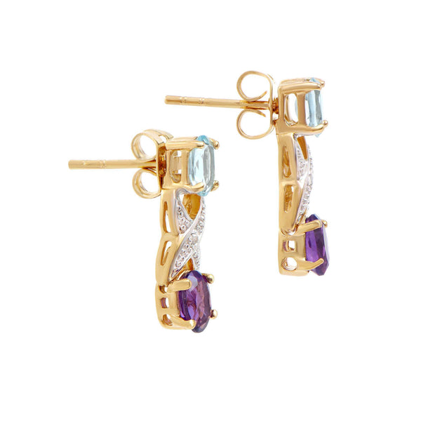 1.72 ctw Amethyst , Blue Topaz & Diamonds 18K Gold Plated Designer Earrings