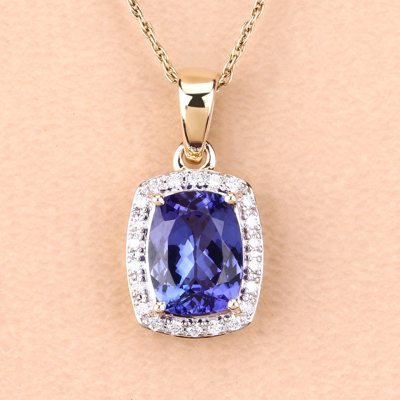 2.01 Carat Genuine Tanzanite and White Diamond 14K Yellow Gold Pendant