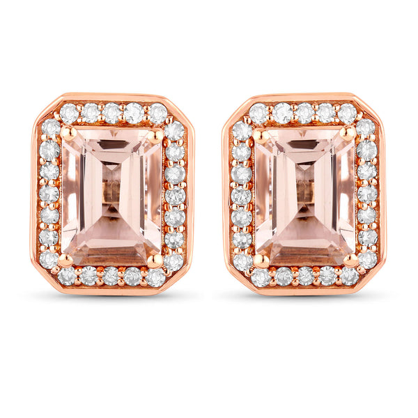 1.82 Carat Genuine Morganite and White Diamond 14K Rose Gold Earrings