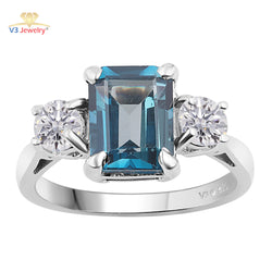 V3 Jewelry London Blue Topaz & Moissanite Sterling Silver Three-Stone Ring