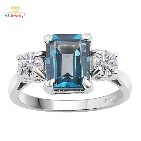V3 Jewelry London Blue Topaz & Moissanite Sterling Silver Three-Stone Ring