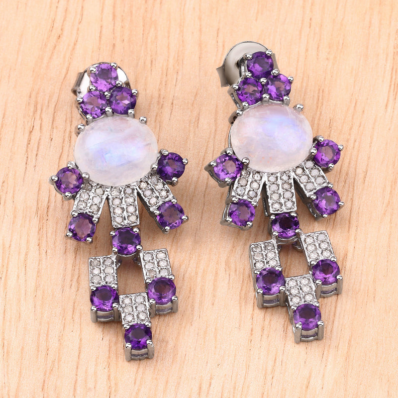 16.70 Carat Genuine Amethyst, Rainbow and White Diamond .925 Sterling Silver Earrings