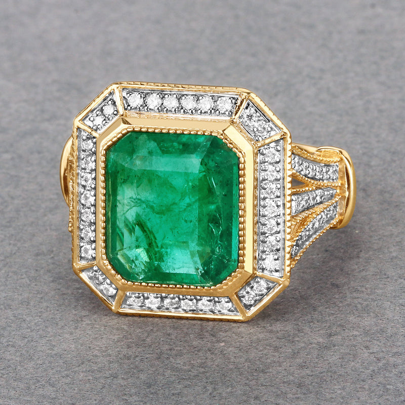 IGI Certified 4.57 Carat Genuine Zambian Emerald and White Diamond 14K Yellow Gold Ring