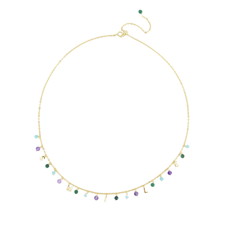 V3 Jewelry 18K Gold plated Natural Amazonite, Jade and Amethyst Smile Station Necklace