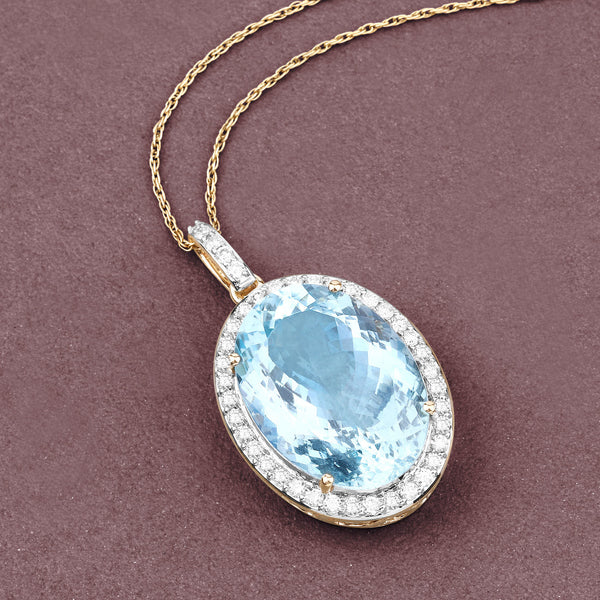 13.62 Carat Genuine Aquamarine and White Diamond 14K Yellow Gold Pendant