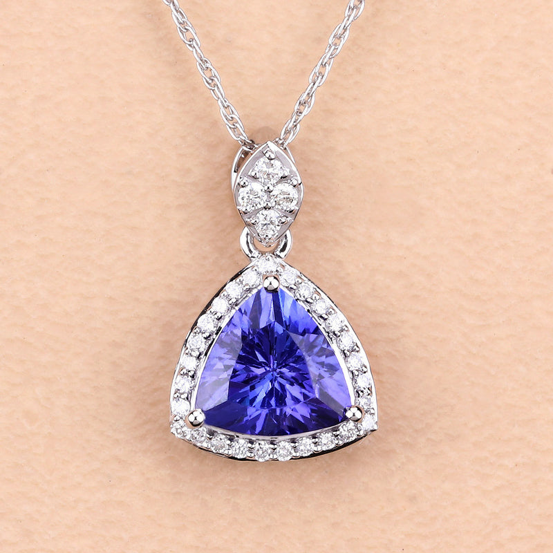 1.71 Carat Genuine Tanzanite and White Diamond 14K White Gold Pendant