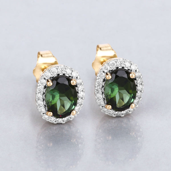 1.92 Carat Genuine Green Tourmaline and White Diamond 14K Yellow Gold Earrings