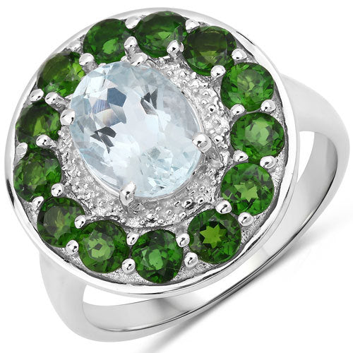 2.96 Carat Genuine Aquamarine and Chrome Diopside .925 Sterling Silver Ring