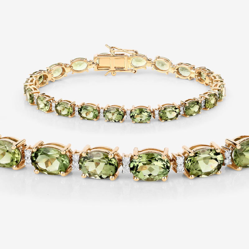 17.00 Carat Genuine Green Tourmaline and White Diamond 14K Yellow Gold Bracelet