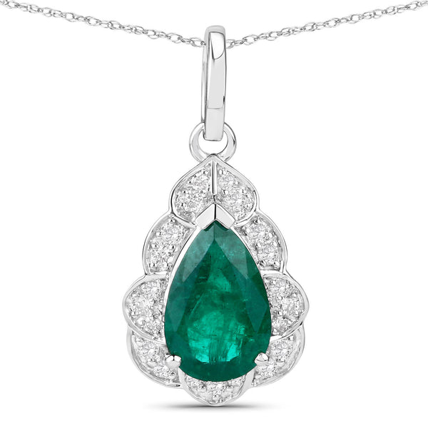 IGI Certified 1.58 Carat Genuine Zambian Emerald and White Diamond 14K White Gold Pendant