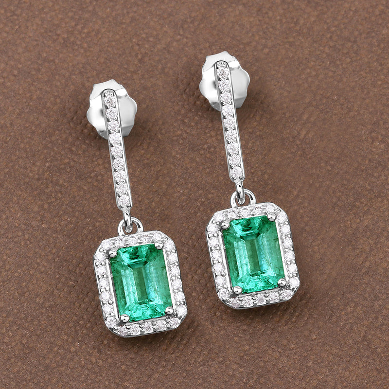 2.08 Carat Genuine Emerald and White Diamond 14K White Gold Earrings