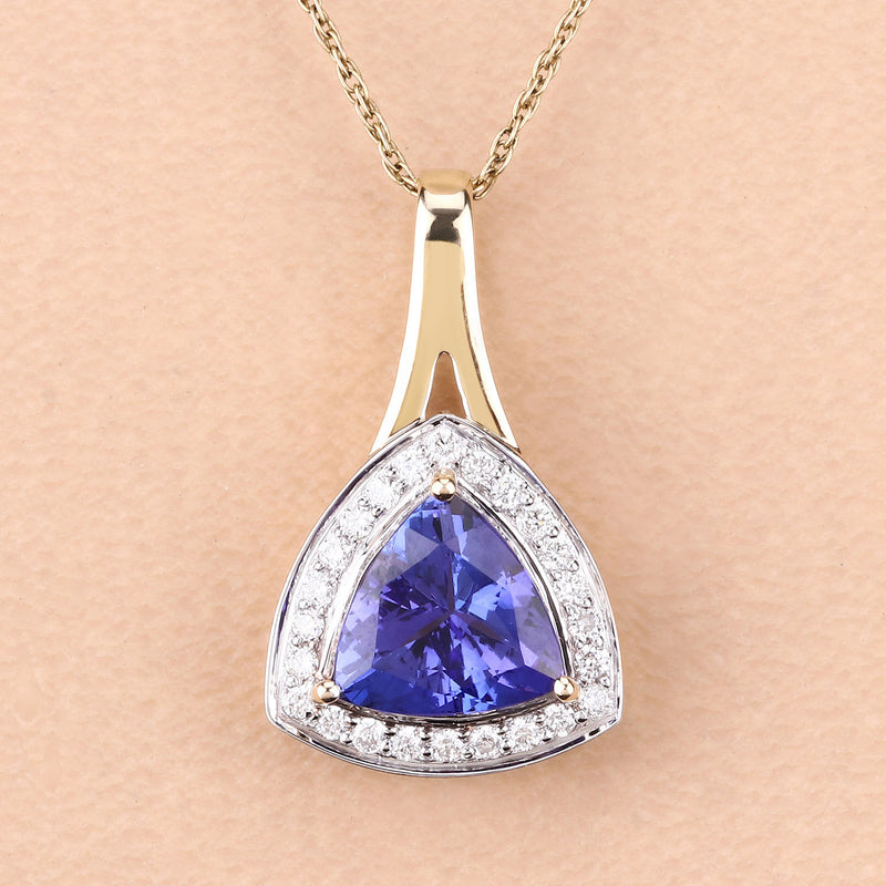 1.81 Carat Genuine Tanzanite and White Diamond 14K Yellow Gold Pendant