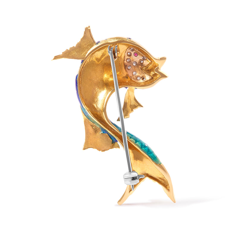 18K Yellow Gold and Blue Enamel Diamond and Pink Sapphire Fish Brooch Pin (H-I Color, VS2-SI1 Clarity)