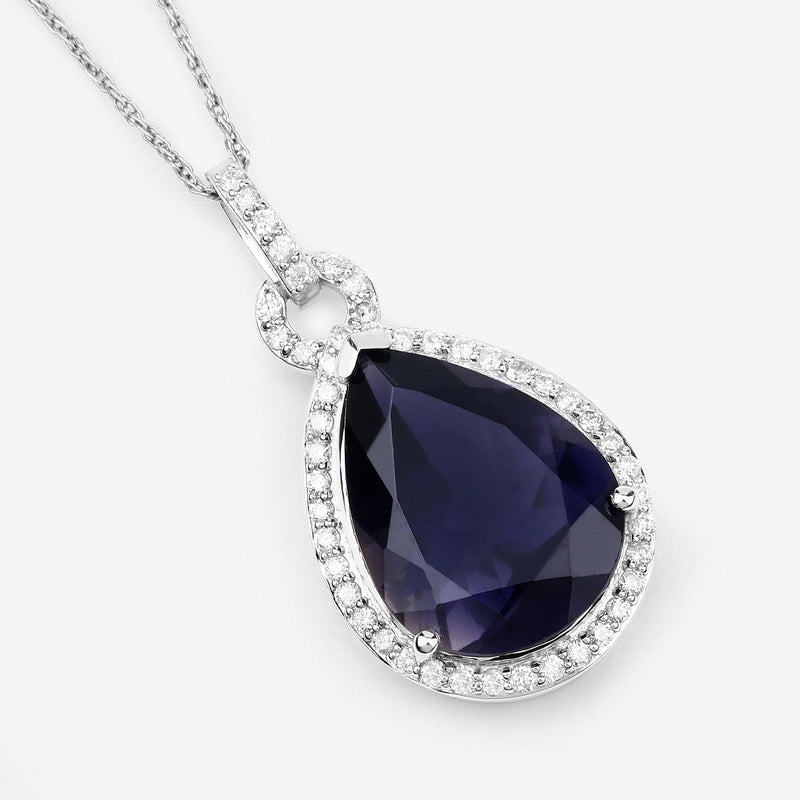 6.41 Carat Genuine Iolite and White Diamond 14K White Gold Pendant