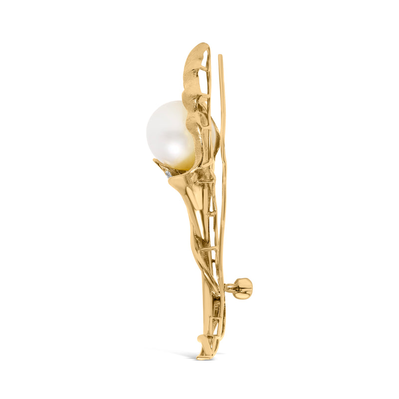 18K Yellow Gold 2/5 Cttw Diamond and 12MM Cultured South Sea Pearl Flower Pin Brooch (G-H Color, VS1-VS2 Clarity)