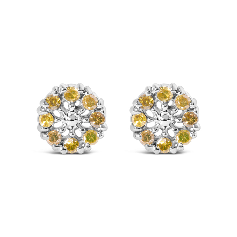 925 Sterling Silver 1/10 Cttw Yellow Diamond Floral Cluster Stud Earrings (Yellow Color, I3 Clarity)