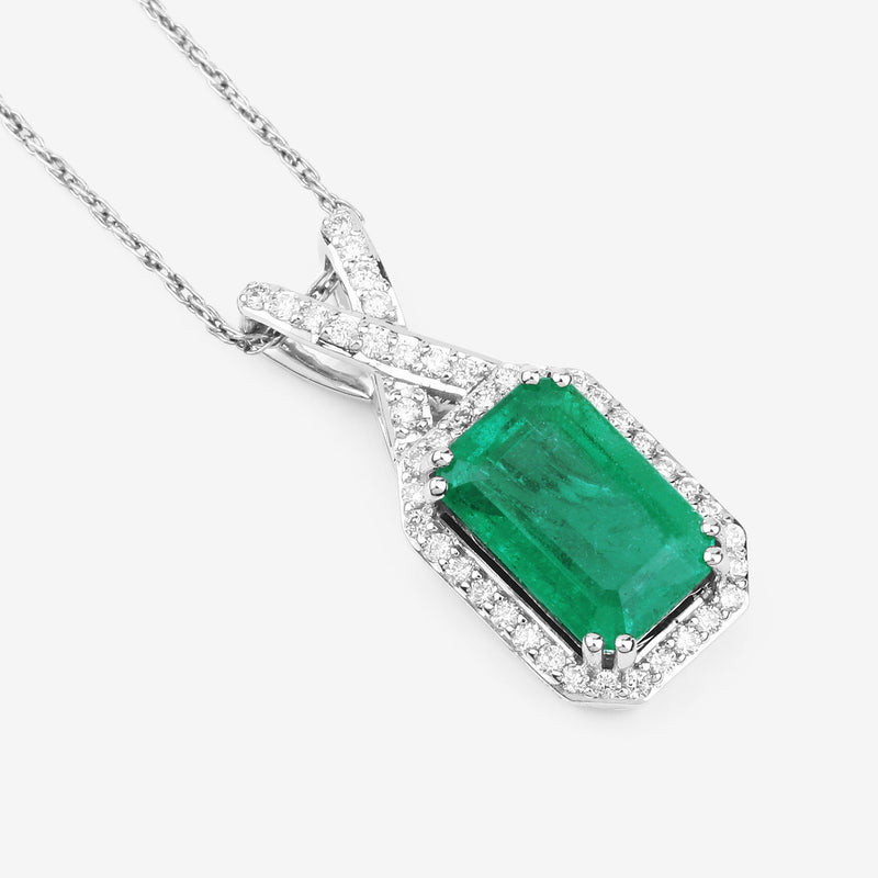 IGI Certified 2.31 Carat Genuine Zambian Emerald and White Diamond 14K White Gold Pendant