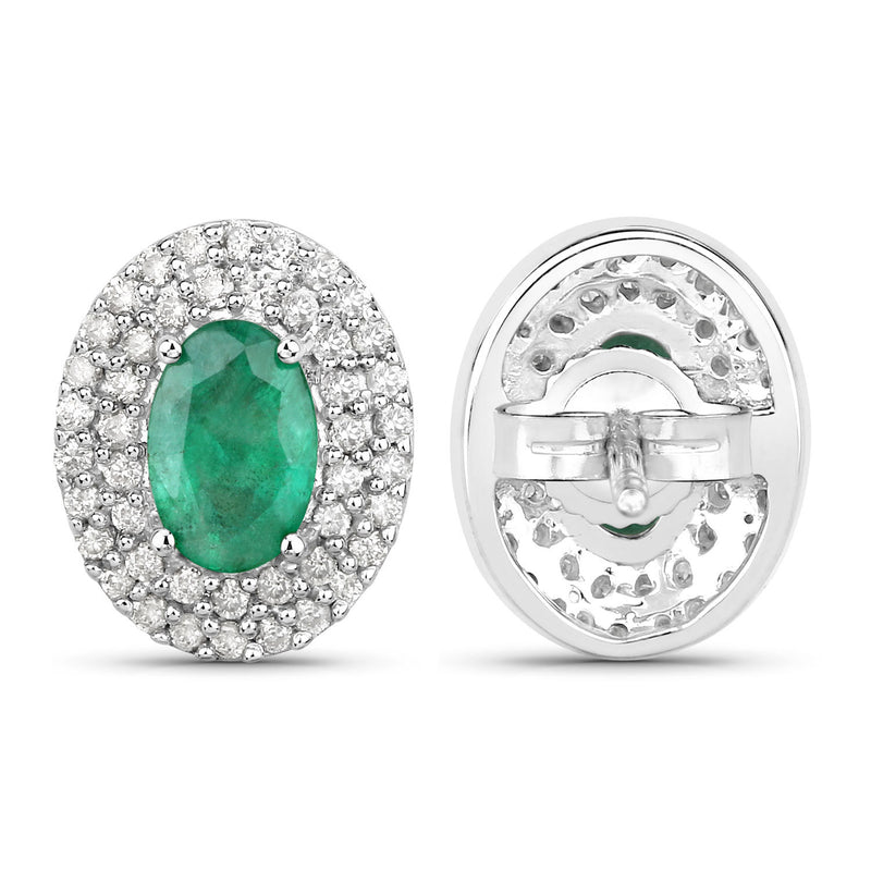 1.20 Carat Genuine Zambian Emerald and White Diamond 14K White Gold Earrings