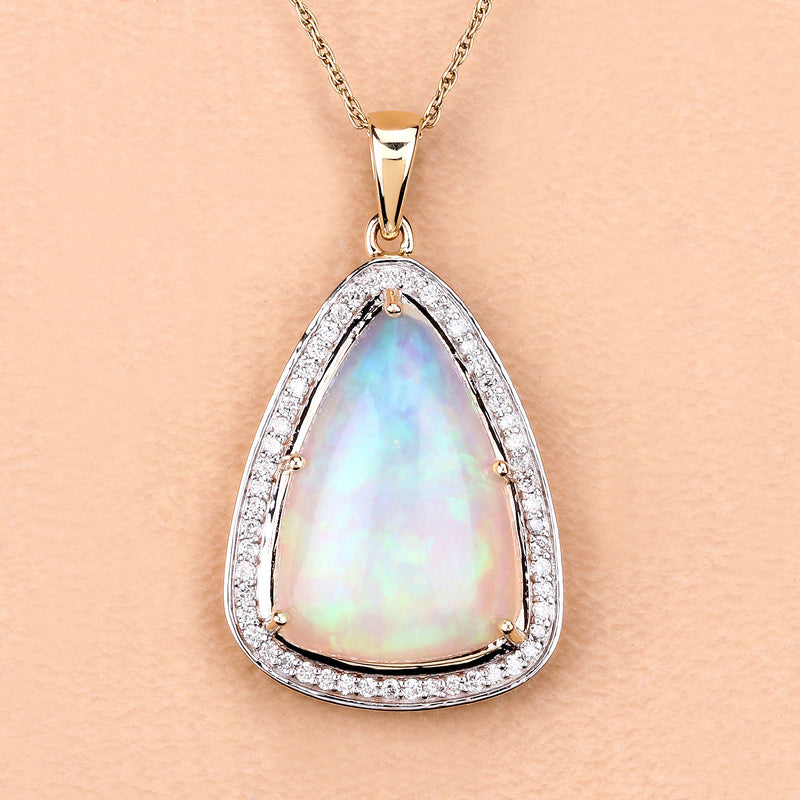 5.52 Carat Genuine Ethiopian Opal and White Diamond 14K Yellow Gold Pendant