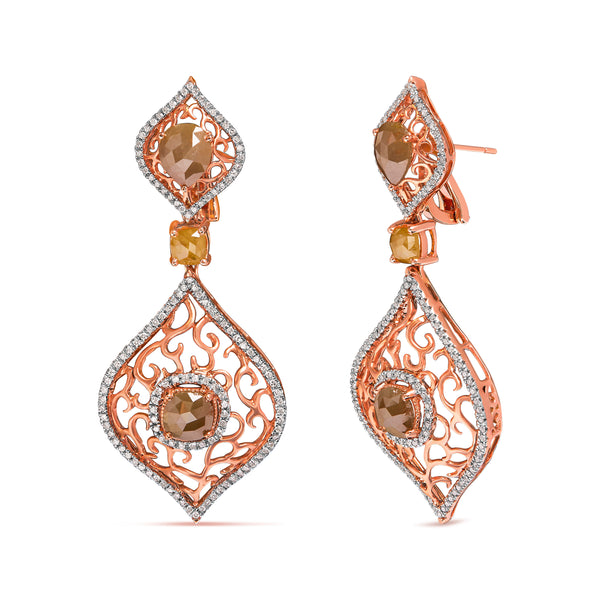 14K Rose Gold 6 7/8 Cttw Rose Cut Diamond Double Curve Rhombus Drop and Dangle Earring (Fancy Color, I2-I3 Clarity)