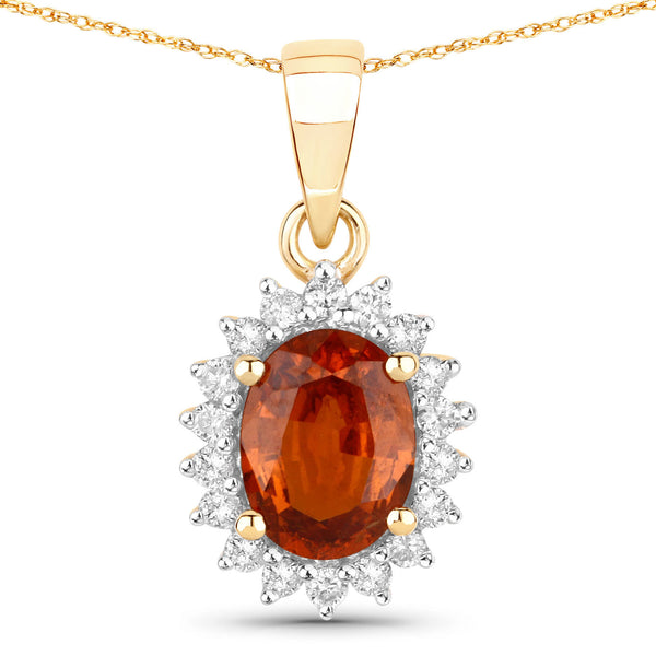 1.87 Carat Genuine Spessartite Garnet and White Diamond 14K Yellow Gold Pendant