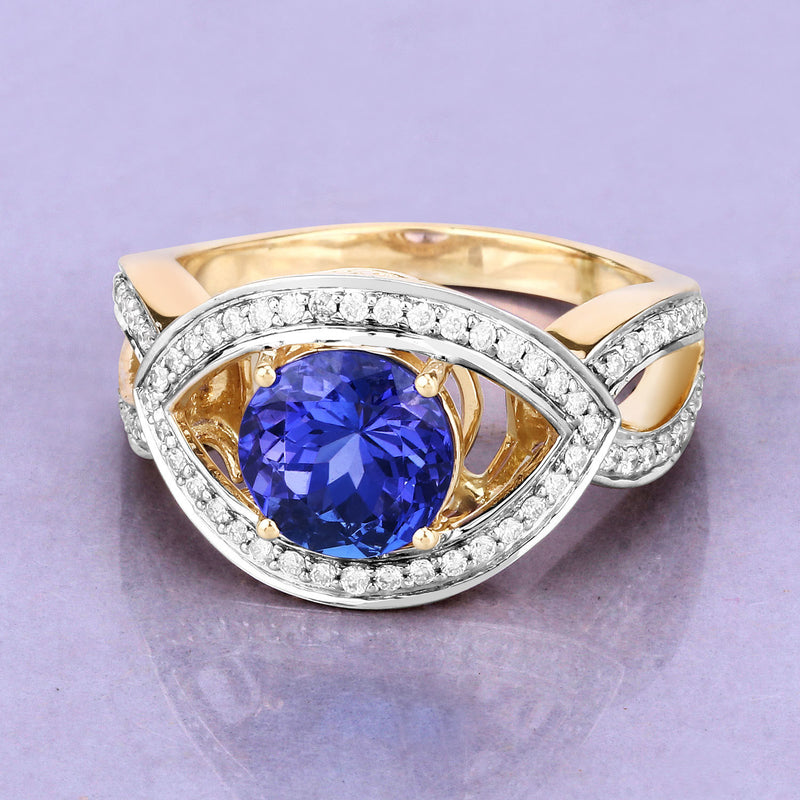 2.65 Carat Genuine Tanzanite and White Diamond 14K Yellow Gold Ring