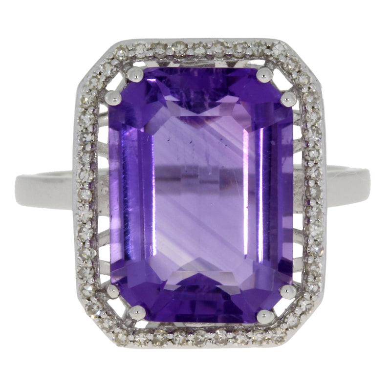 Genuine 7.45ct Amethyst Diamond Ring 14KT White Gold