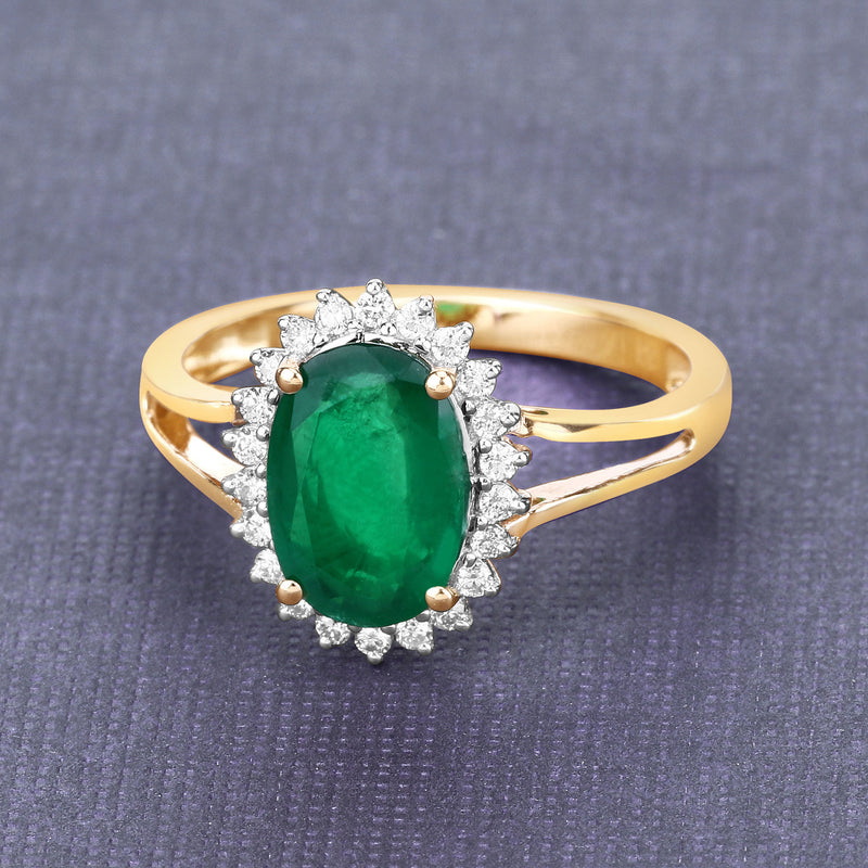 1.79 Carat Genuine Zambian Emerald and White Diamond 14K Yellow Gold Ring