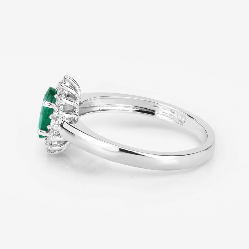 0.86 Carat Genuine Zambian Emerald and White Diamond 14K White Gold Ring